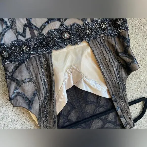 SUE WONG Black & nude beaded, sequin ostrich feather dress - Picture 8 of 9